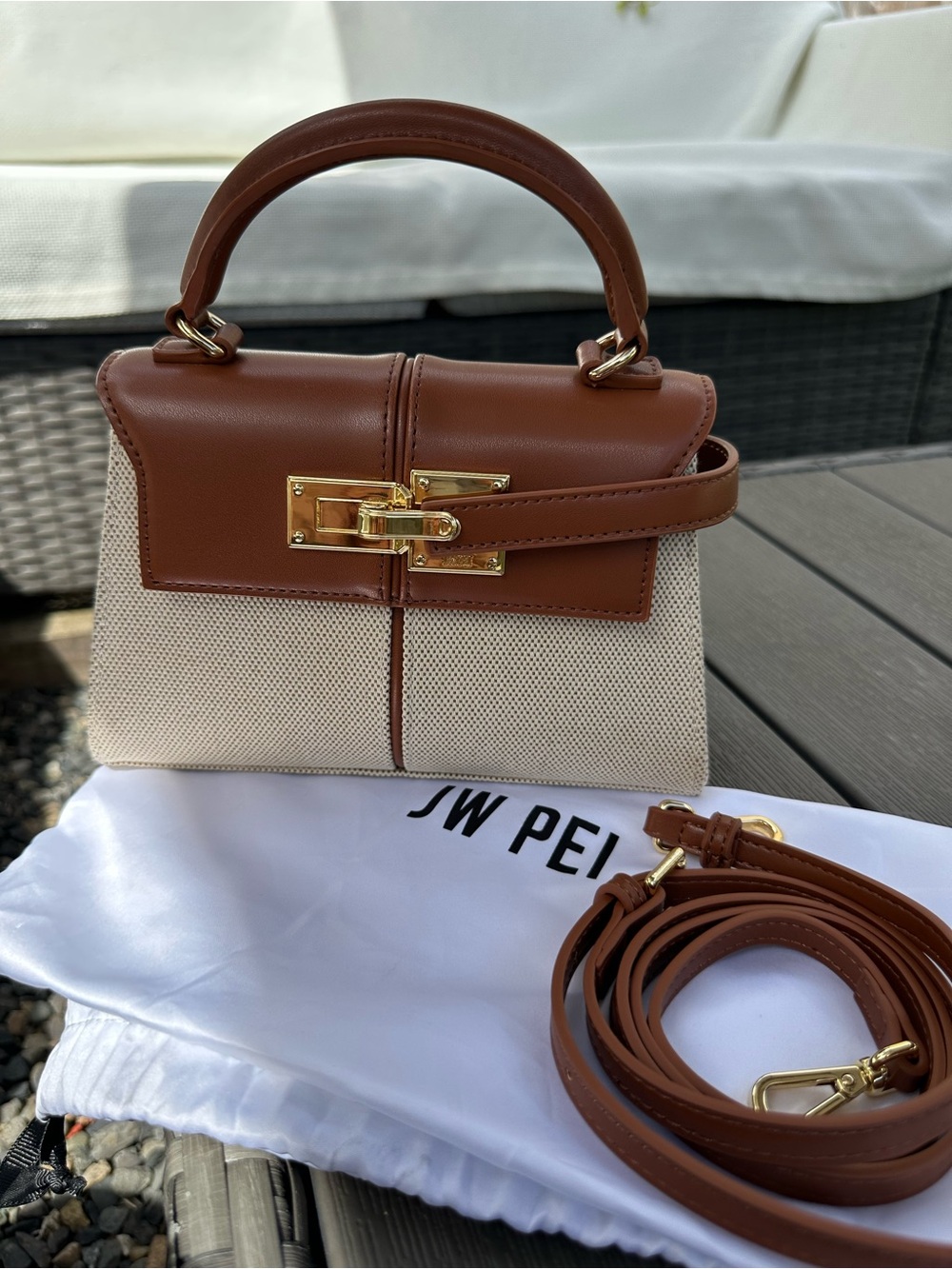 JW Pei Elise Brown & Cream Top-Handle Satchel